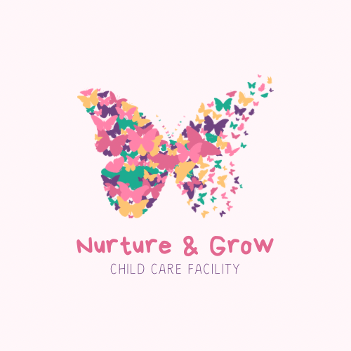 Logo for Nurture & Grow childcare facility featuring a butterfly made of colorful smaller butterflies